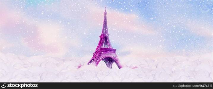 Travel holiday Eiffel tower Paris France with winter snow of Christmas & New Year. Famous landmarks of the worlds. Watercolor landscape painting illustration in cloud and sky background, popular tour.