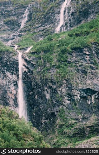 Travel, holidays. Beauty in nature. Waterfalls in summer norwegian mountains. Waterfalls innorwegian mountains