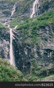 Travel, holidays. Beauty in nature. Waterfalls in summer norwegian mountains. Waterfalls innorwegian mountains