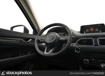 Travel in car. Element of design. Dashboard panel inside automobile and sky background. Behind the wheel. Isolated object.