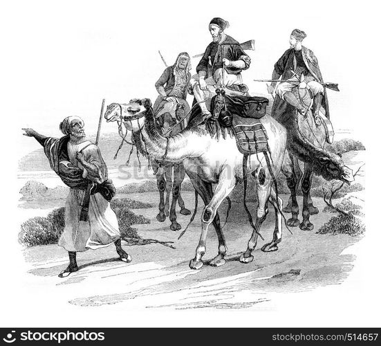 Travel in the desert by horace vernet, vintage engraved illustration. Magasin Pittoresque 1844.