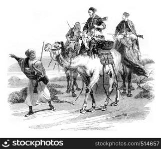 Travel in the desert by horace vernet, vintage engraved illustration. Magasin Pittoresque 1844.