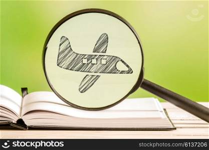 Travel information with a pencil drawing of an airplane in a magnifying glass