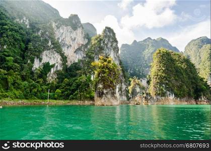 Travel island and green lake at Ratchaprapha Dam in Khao Sok National Park, Surat Thani Province, Thailand ( Guilin of Thailand )