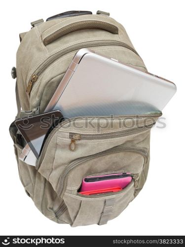 travel knapsack with mobile devices isolated on white background