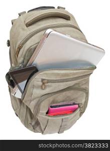 travel knapsack with mobile devices isolated on white background