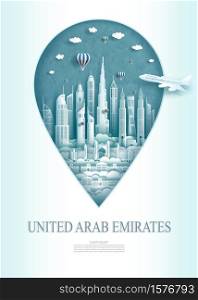 Travel landmark United Arab Emirates monument architecture modern of Abu Dhabi in pin marker background. Travel poster and postcard modern architecture of asia. Vector illustration pin point symbol.