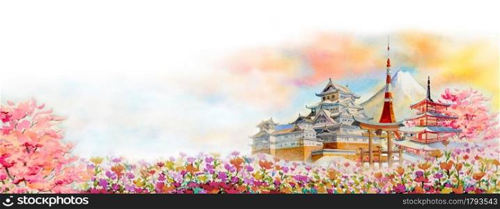 Travel landmarks famous of Japan in the Asian. Watercolor painting illustration Mount Fuji, beautiful architecture with flowers of spring in white background, popular tour attraction business city.
