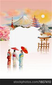 Travel landmarks famous of Japan in the Asian. Watercolor painting illustration Mount Fuji, beautiful architecture, Japanese girl in kimono of spring background with poster advertising text copy space