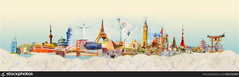 Travel landmarks world on group cloud, blue background. Landmark architecture monuments of the world,Tourism with panoramic landscape for travel poster and postcard, Watercolor painting illustration.