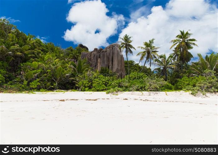 travel, landscape and nature concept - tropical island beach on seychelles. tropical island beach on seychelles