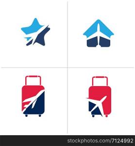 Travel logos set design. Ticket agency and tourism vector icons, airplane in bag and globe. Luggage bag logo, world tour illustration, plane in heart shape symbol.