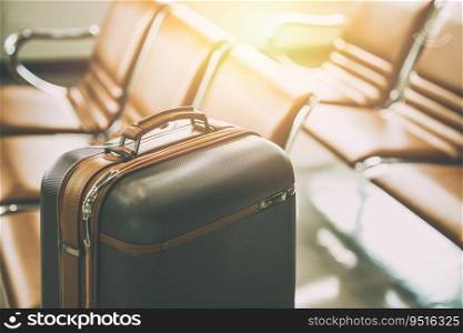 travel luggage bag in airport at waiting area for holiday vacation traveller visitor flight concept
