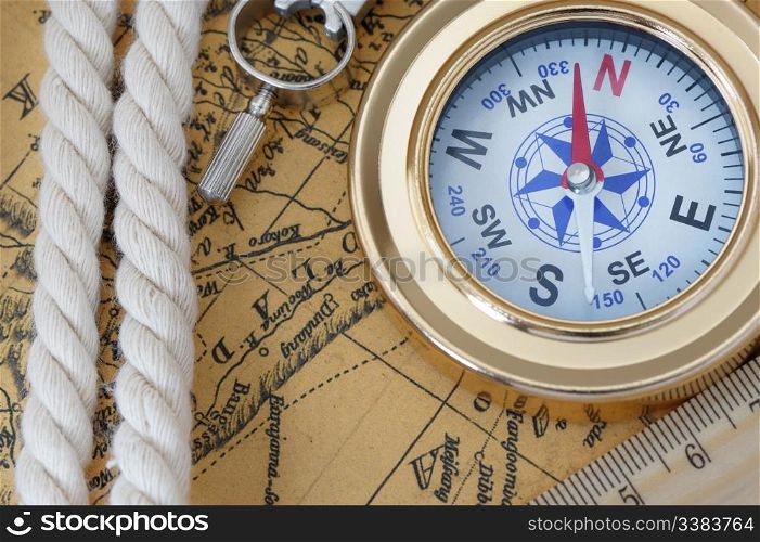 Travel object. Old map, a rope, a compass