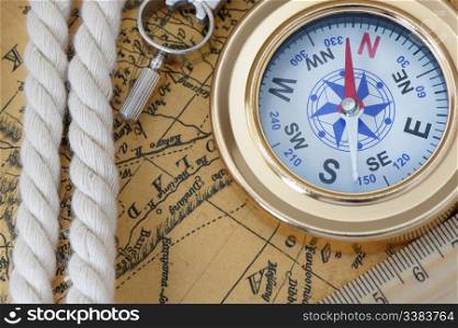 Travel object. Old map, a rope, a compass