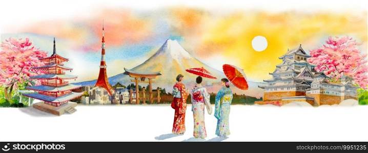 Travel of Japan - Famous landmarks of the Asian. Woman wearing japanese traditional kimono with umbrella. Watercolor painting illustration in sun skyline space background, popular tourist attraction.