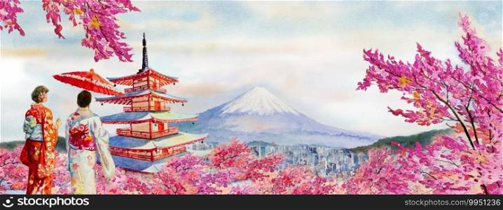 Travel of Japan - Famous landmarks of the world and Asian woman wearing japanese traditional kimono with umbrella. Watercolor painting illustration in sky space background, popular tourist attraction.