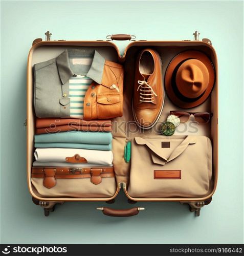 Travel open suitcase with clothes. Generative AI. High quality illustration. Travel open suitcase with clothes. Generative AI