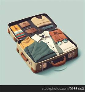 Travel open suitcase with clothes. Generative AI. High quality illustration. Travel open suitcase with clothes. Generative AI