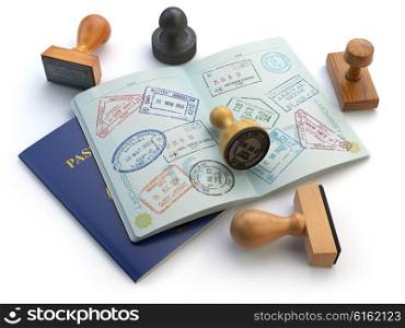 Travel or turism concept. Opened passport with visa stamps and different stampers isolated on white. 3d