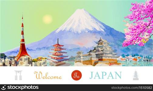 Travel popular landmark architecture japan, Tour famous landmarks world monument, Watercolor hand drawn painting illustration on sun background, Hand-drawn sketches isolated style, Vector illustration