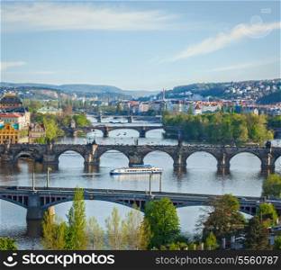 Travel Prague concept background - elevated view of bridges over Vltava river from LetnA? Park. Prague, Czech Republic