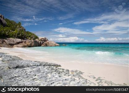 travel, seascape and nature concept - island beach in indian ocean on seychelles. island beach in indian ocean on seychelles
