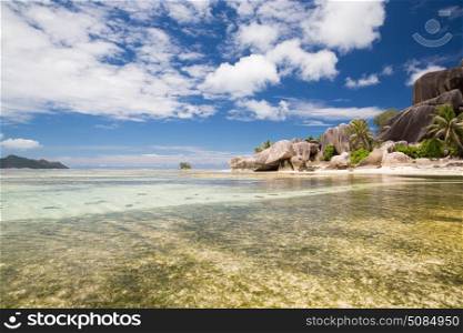 travel, seascape and nature concept - island beach in indian ocean on seychelles. island beach in indian ocean on seychelles. island beach in indian ocean on seychelles