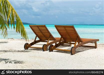 travel, seascape and nature concept - tropical beach with palm tree and two sunbeds in french polynesia. tropical beach with palm tree and sunbeds