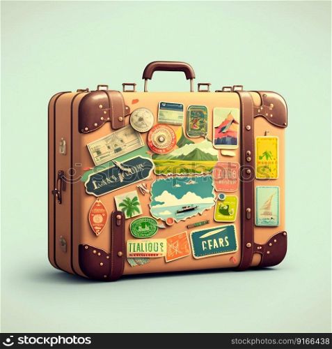 Travel suitcase with many stickers. Generative AI. High quality illustration. Travel suitcase with many stickers. Generative AI