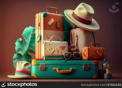 Travel suitcases baggage with clothes and hat. Generative AI. High quality illustration. Travel suitcases baggage with clothes and hat. Generative AI