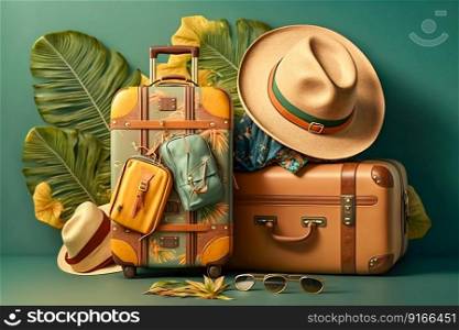 Travel suitcases baggage with clothes and hat. Generative AI. High quality illustration. Travel suitcases baggage with clothes and hat. Generative AI