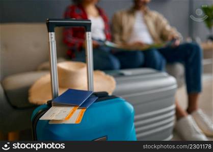 Travel ticket and baggage suitcase prepared for vacation. Happy journey on weekend. Travel ticket and baggage prepared for journey