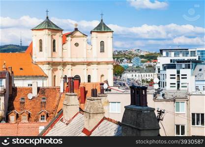 travel to Bratislava city - above view of houses and Trinitarian Church in old town of Bratislava