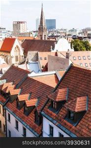travel to Bratislava city - above view of orange tile roofs in old town of Bratislava