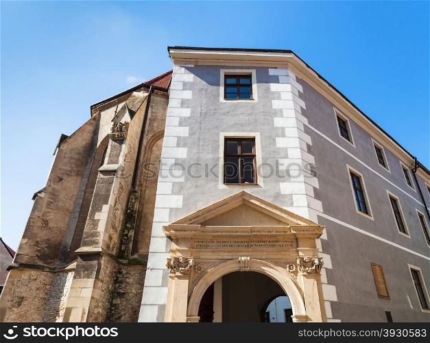 travel to Bratislava city - gate of gothic church (Klarisky Church, Clarissine Church) of Convent of the Order of St Clare Nuns (Poor Clares) in Bratislava