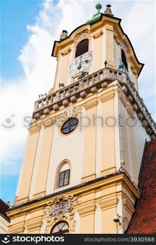 travel to Bratislava city - view of tower of Old Town Hall from Main Square in Bratislava