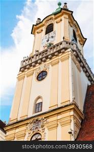 travel to Bratislava city - view of tower of Old Town Hall from Main Square in Bratislava