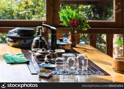 travel to China - empty dish on table in chinese eatery in Chengyang village of Sanjiang Dong Autonomous County in spring morning