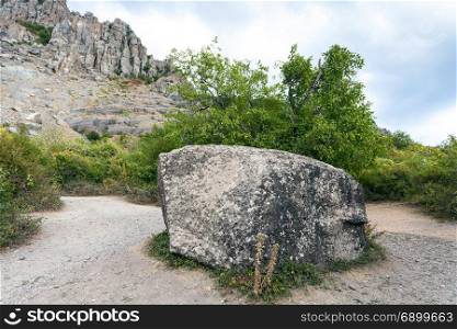 travel to Crimea - big stone in natural park The Valley of Ghosts at the filming location of popular Soviet comedy film Kidnapping caucasian style (Prisoner of the Caucasus)