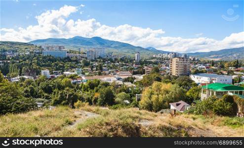 travel to Crimea - panoramic view of Alushta city from Castle Hill
