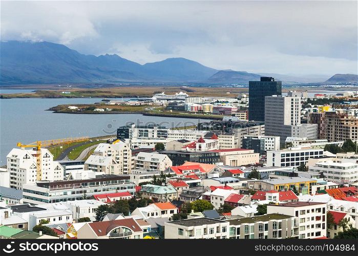 travel to Iceland - above view of Midborg district and Atlantic Ocean in Reykjavik city from Hallgrimskirkja church in september