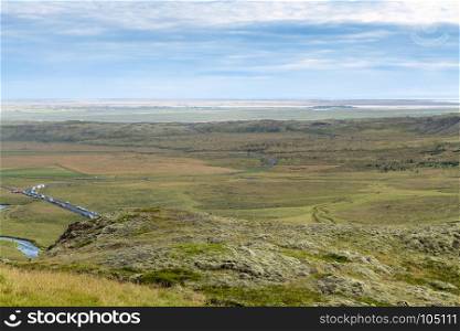 travel to Iceland - aerial view of Reykjadalur valley in Hveragerdi Hot Spring River Trail area in september