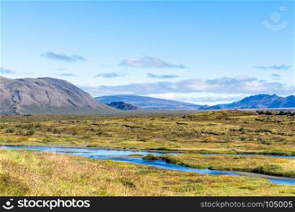 travel to Iceland - panorama of valley in Thingvellir national park in autumn