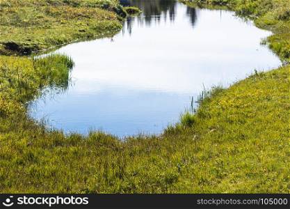 travel to Iceland - pond near riverbank of Oxara river in Thingvellir national park in september