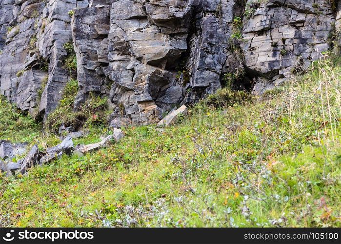 travel to Iceland - stone walls of canyon of Olfusa river near Gullfoss waterfall in autumn