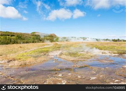 travel to Iceland - view of Haukadalur hot spring valley in autumn
