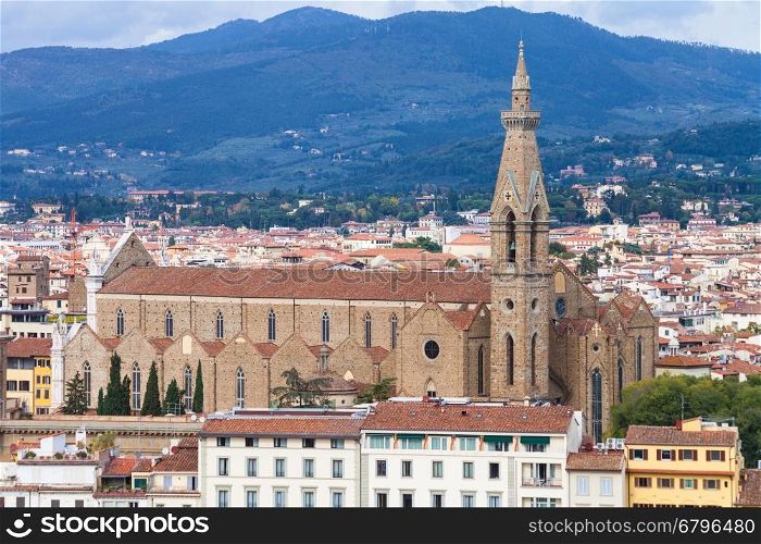 travel to Italy - above view of Basilica Santa Croce in Florence town from Piazzale Michelangelo