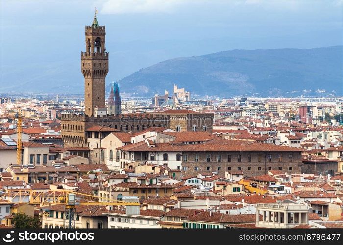 travel to Italy - above view of Florence city with Palazzo Vecchio from Piazzale Michelangelo