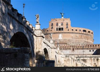 travel to Italy - bottom view of bridge of St Angel and Castel Sant Angelo (Castle of the Holy Angel, Mausoleum of Hadrian) in Rome city